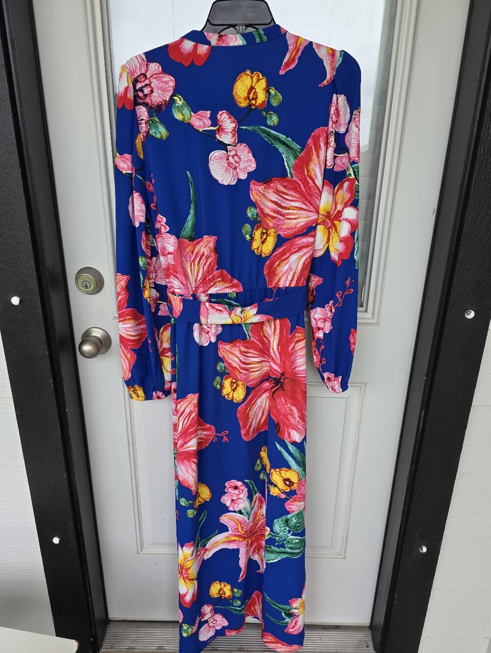 Halston Floral Maxi Dress Size 12 Blue Pink Long Sleeve Belted Vacation NWT - Picture 10 of 12